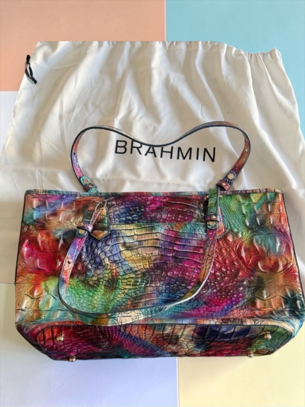 Rare BRAHMIN Awestruck Melbourne Medium Asher Leather Tote Bag Rainbow Multi HTF - Picture 3 of 8